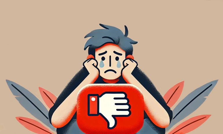 picture of a man with a sad face crying, while leaning on a youtube dislike button, signifying the negative impact the dislike button has.