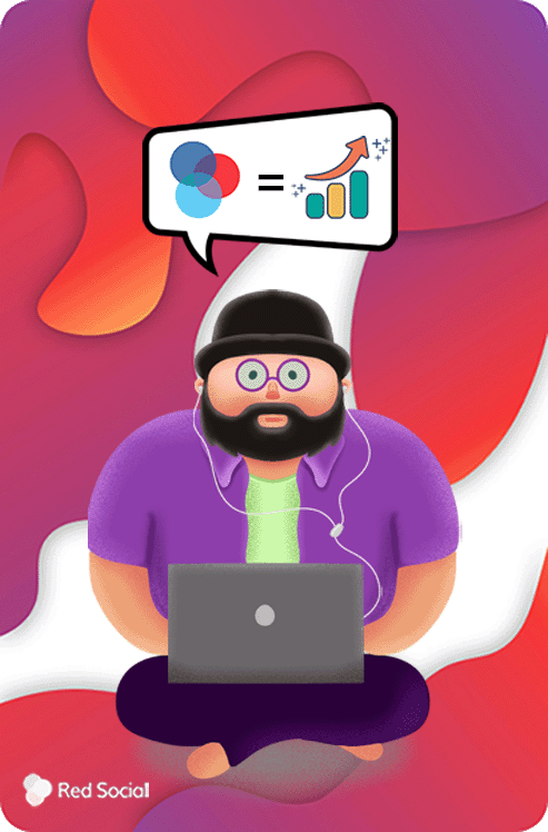Illustration of a person with a beard and glasses, sitting cross-legged with a laptop, wearing a hat and headphones. A speech bubble shows a rising graph, symbolizing growth and success in social media.