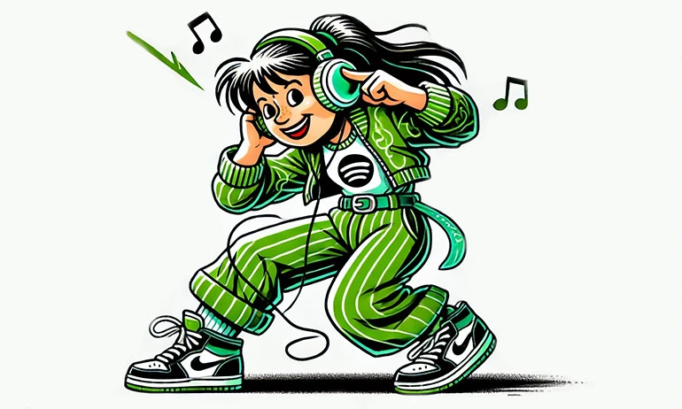 Girl listening to music on her headphones, illustrated.