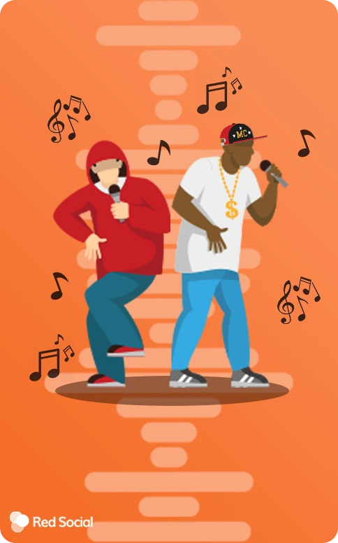 two cartoon rappers performing with microphones and musical notes on an orange background
