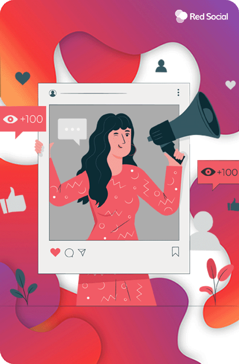 Illustration of a woman holding a frame that resembles an Instagram post, with the woman holding a megaphone.