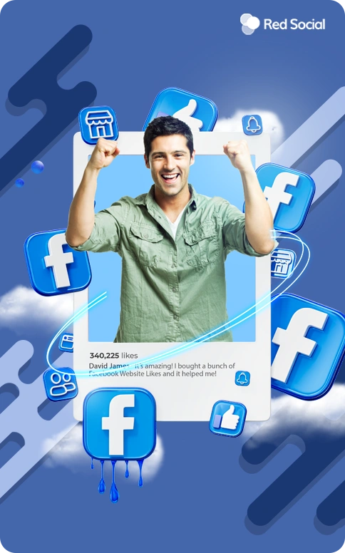 Happy man surrounded by Facebook like icons and reactions, signifying satisfaction when buying facebook website likes