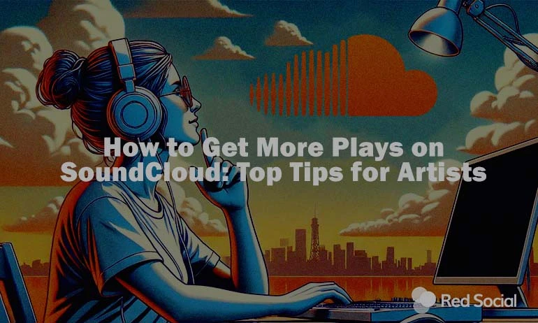 illustration of a girl standing in front of her DJ mixer and computer with the SoundCloud logo being in the background where on top of the picture there is the article title saying "How to Get More Plays on SoundCloud: Top Tips for Artists".
