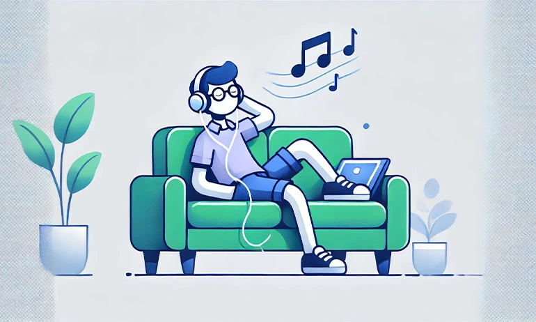Illustration of a man sitting in a couch listening to music.