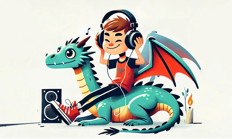 illustration of a guy riding his baby dragon while listening to music.
