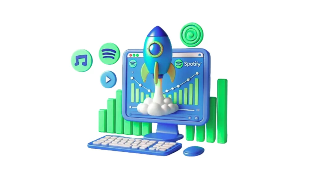 3D illustration of a computer with a rocket launching, symbolizing reach and growth.