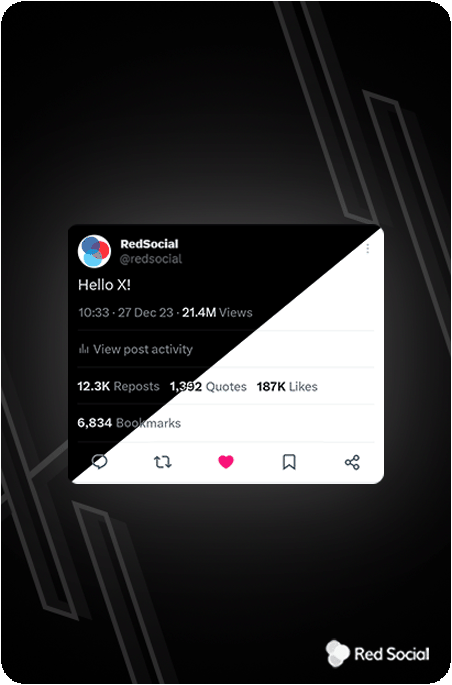 tweet from RedSocial with the text 'Hello X!' showing detailed engagement statistics including views, reposts, quotes, likes, and bookmarks.