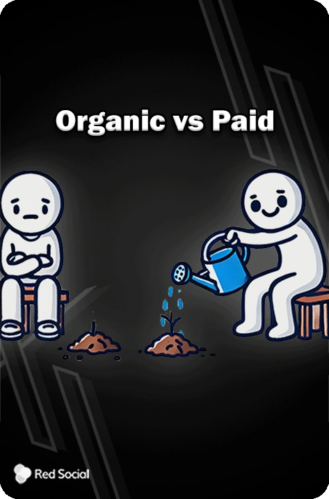 Illustration showing a comparison between organic and paid growth. On the left, a sad character sits by a small plant waiting for it to grow by itself. On the right, a happy character waters a growing plant
