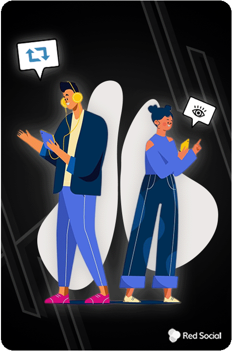 man and a woman standing back-to-back, both using smartphones. The man has a retweet icon above his head, and the woman has an eye icon indicating impressions
