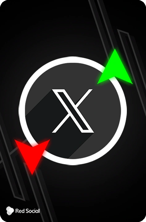 Illustration of the X logo, flanked by a red downward arrow and a green upward arrow, set against a dark background