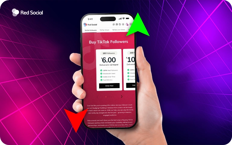 Hand holding a phone showing a “Buy TikTok Followers” page with green and red arrows indicating follower growth.