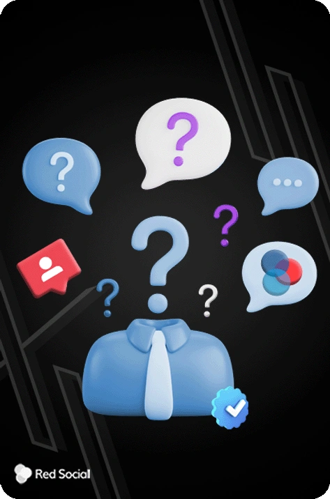 person with a question mark for a head, surrounded by various speech bubbles containing question marks, redsocial logo and social media icons