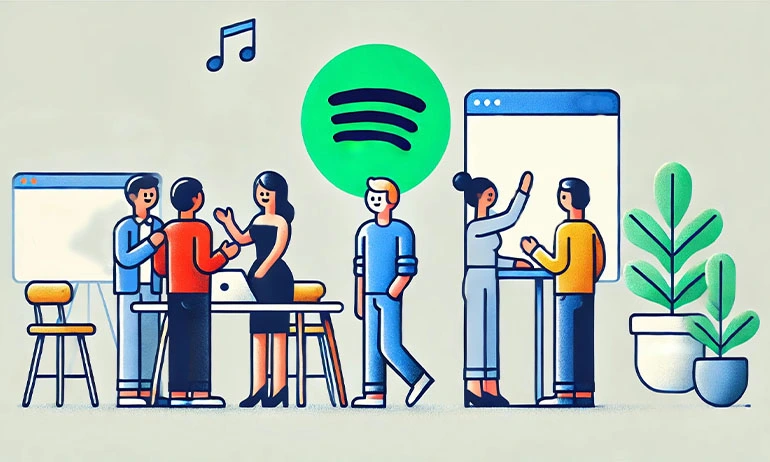 Illustration of a group of people networking with one another with the Spotify logo on the back.