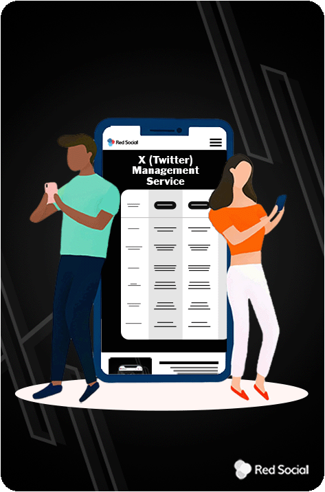 Illustration of people using phones with X management service website from redsocial on screen