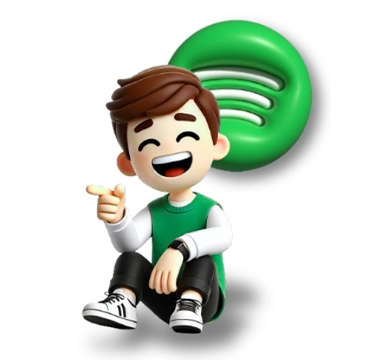 A happy 3D cartoon character in a green vest sits and points, with the Spotify logo in the background.