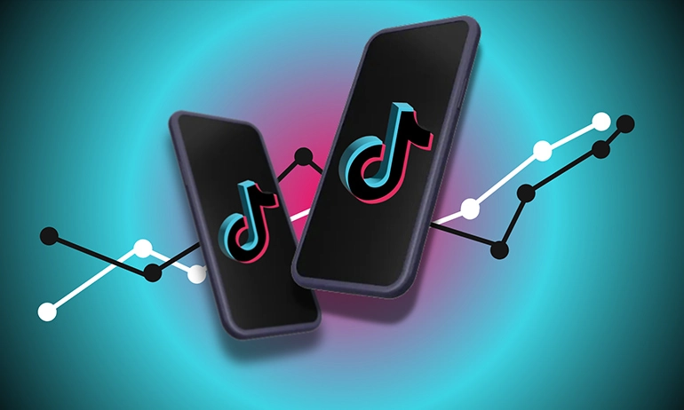 Two smartphones displaying the TikTok logo with a background of an upward trending graph in neon blue and pink colors.