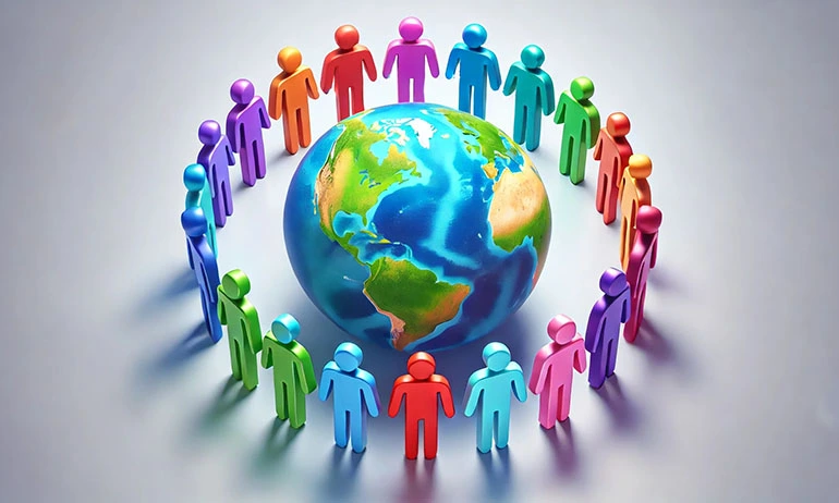 Illustration of a group of people in different colors such as green, blue, red, orange surrounding the globe, meaning that we are surrounded by different demographics.