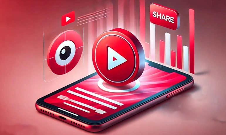 Smartphone with floating YouTube icons, including play, eye, and share symbols, representing social media engagement and video sharing.