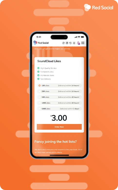 smartphone displaying our soundcloud likes service with pricing and features
