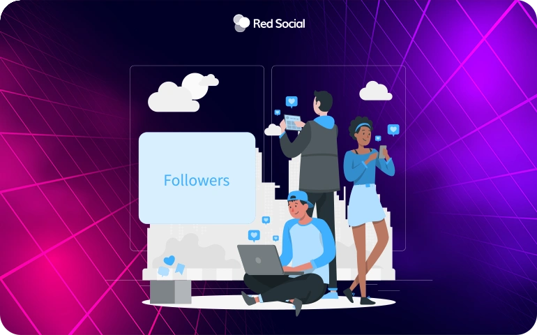 Illustration of people with phones and laptops beside a large follower card, representing TikTok follower growth.