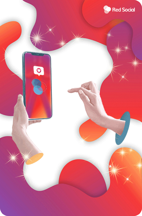 Illustration of two hands emerging from colorful, abstract shapes. One hand holds a smartphone displaying comment likes bought from RedSocial, while the other makes a gesture towards the phone screen.