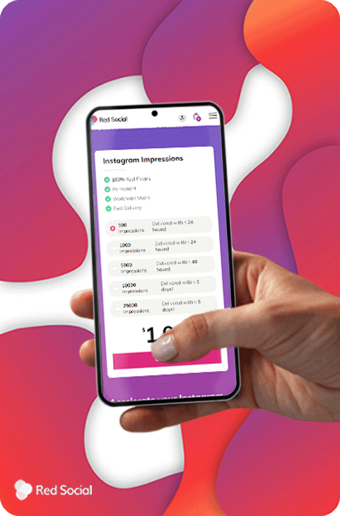 Illustration of a hand holding a smartphone displaying an Instagram impressions purchase screen from Red Social.