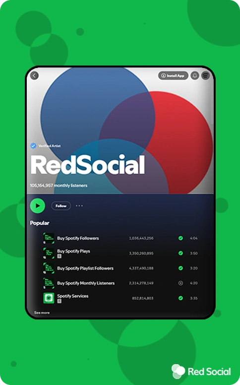 RedSocial Spotify profile with various service options