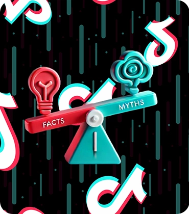 Scale balancing the words "Facts" and "Myths" against a background filled with TikTok logos.