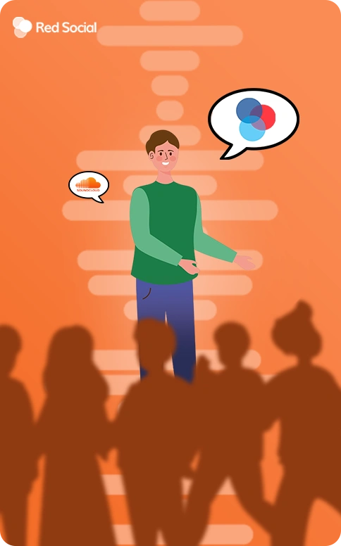 person speaking with soundcloud and redsocial icons in speech bubbles, with an audience in the foreground