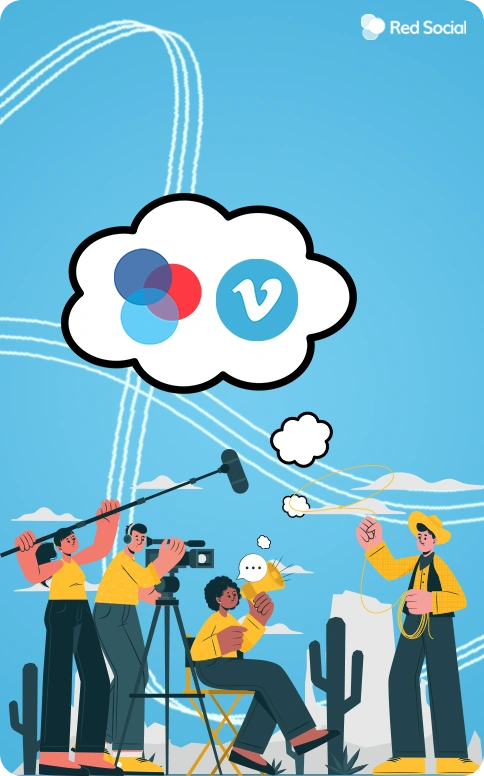 A group of people filming a video, with a thought bubble showing Vimeo and redsocial