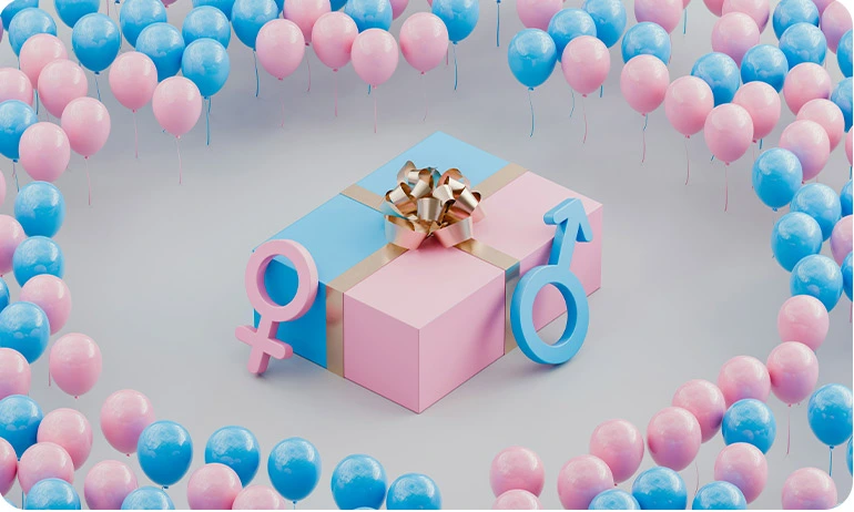 Gift box with pink and blue wrapping, surrounded by pink and blue balloons, symbolizing a gender reveal.
