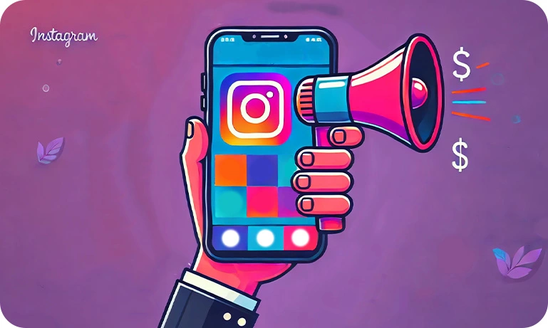 hand holding a phone and a megaphone with dollar signs and ads showing on the screen