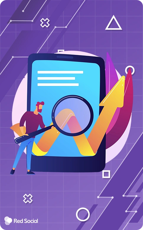 person analyzing data with a magnifying glass in front of a large tablet screen showing upward trending graphs on a purple background