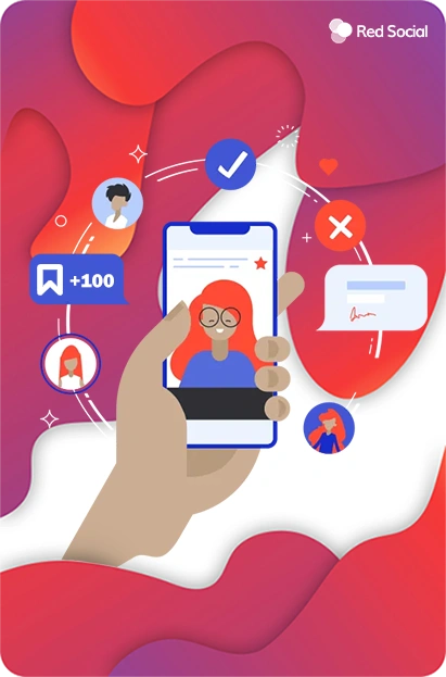 hand holding a smartphone with social media interaction icons