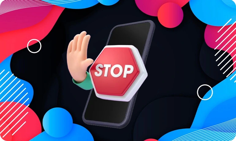 A 3D image of a hand with a "STOP" sign emerging from a smartphone screen.