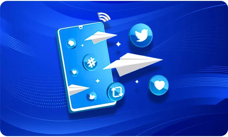 A smartphone with Twitter icons, hashtags, and paper planes, symbolizing tweet promotion and social media engagement.