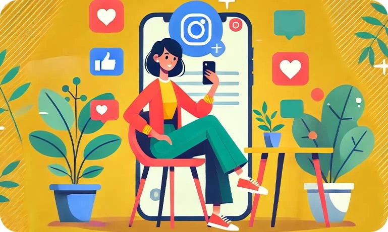The image features a colorful illustration of a woman sitting on a chair while engaging with her phone. Behind her, a large smartphone screen displays an Instagram interface, emphasizing social media activity.