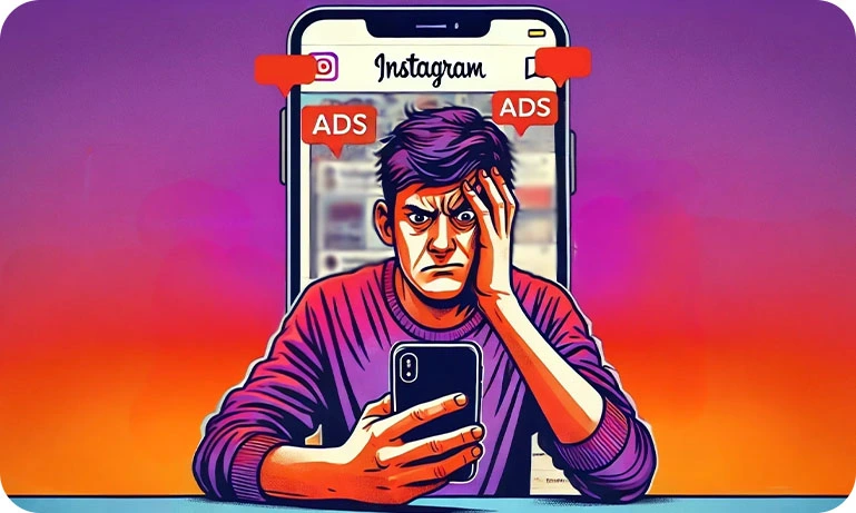 A guy sitting on a chair, being frustrated by how many ads there are on his account.
