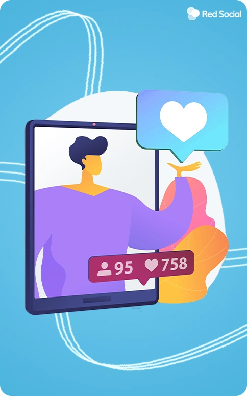 A person emerging from a smartphone screen, holding a large like symbol, with follower and like counts displayed