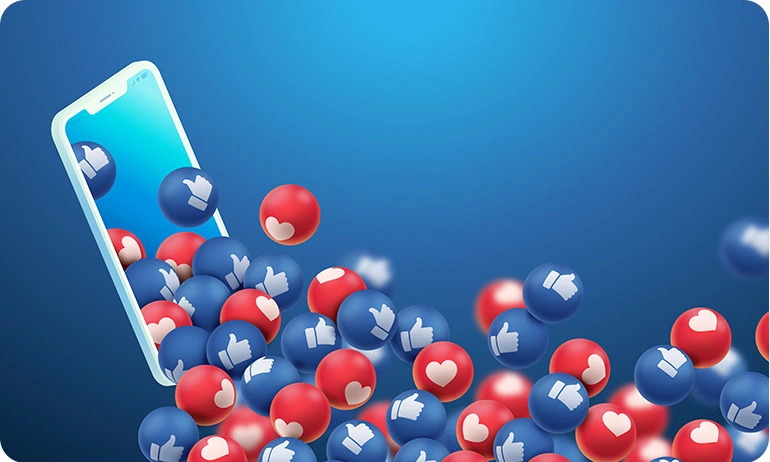Smartphone with floating balls showing like and heart icons, spilling out likes.