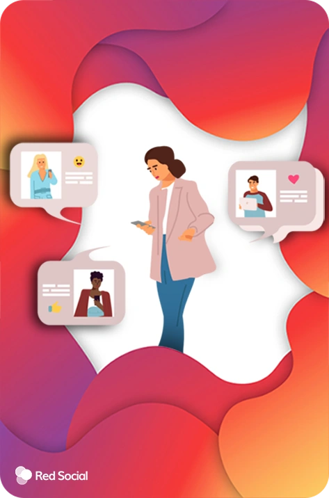 person using a smartphone, surrounded by floating chat bubbles with social media interactions on a colorful background