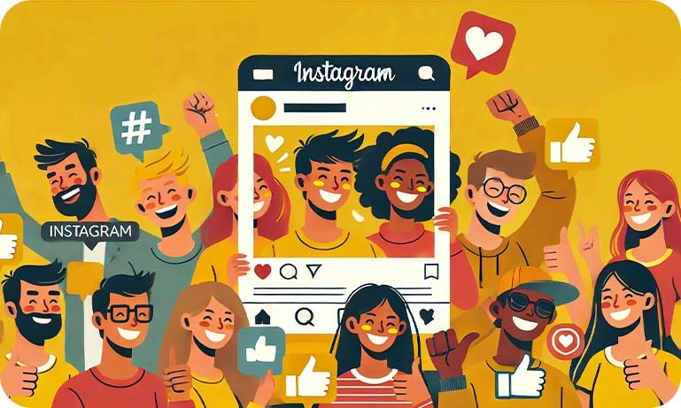 The image depicts a vibrant and colorful illustration of a group of diverse, happy people interacting with a giant Instagram post.