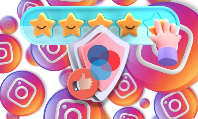 A shield with a thumbs-up and stars, surrounded by Instagram icons, representing account security and positive feedback.