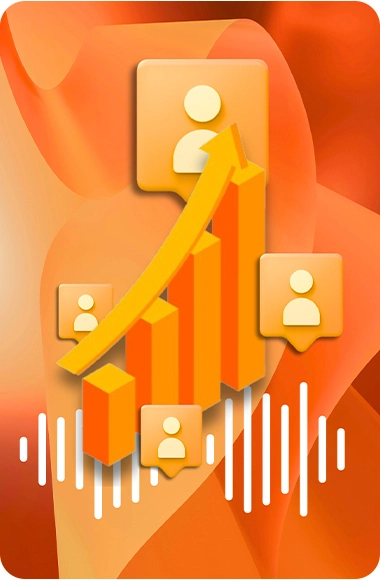 SoundCloud user icons rising with a graph and audio waves on an orange background.