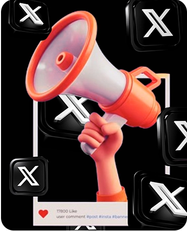A megaphone with X (formerly Twitter) logos representing the promotion of tweets.
