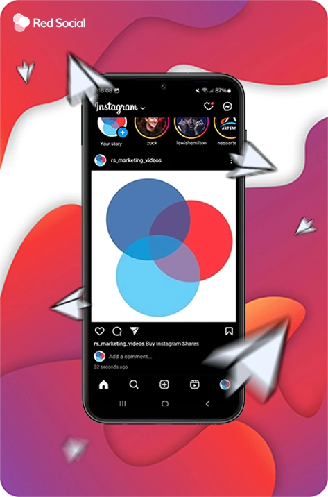 amartphone screen displaying an instagram post with paper airplane icons