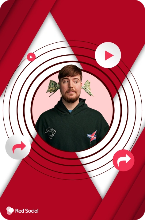 mr beast surrounded by play and share icons, on a red background with concentric circles