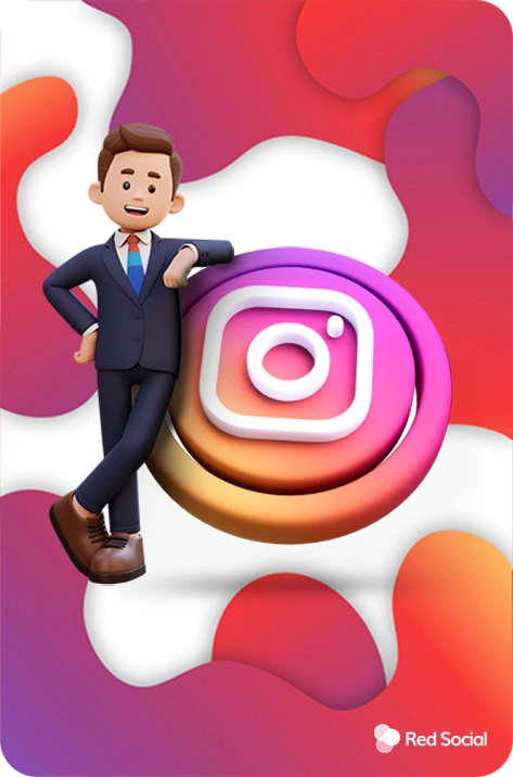 cartoon character in a suit leaning against a large Instagram logo on a colorful background