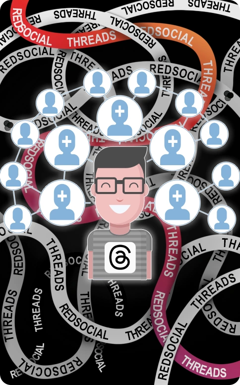 An illustrated person with a Threads logo on their shirt, surrounded by follower icons