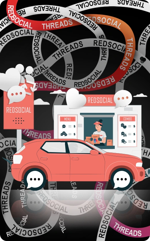 A car at a drive-thru with a person ordering from a RedSocial menu, surrounded by swirling "RedSocial" and "Threads" ribbons.